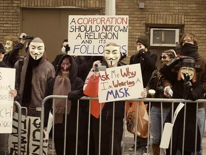 Protesters outside a Scientology center on February 10, 2008