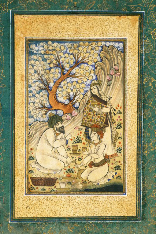 Muhammad Ali, An old and a young man and a woman having a picnic, from a manuscript of the Diwan of Hafiz, Iran, ca. mid-1600s. Courtesy of Detroit Institute of Arts