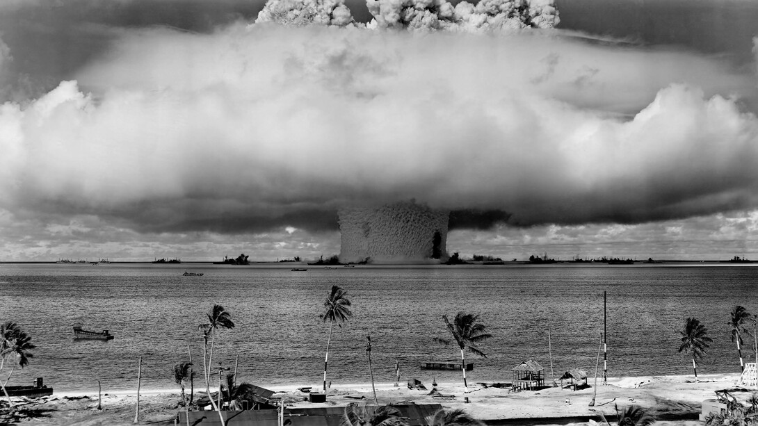 The devastating ''mushroom'' cloud of an atomic bomb detonation