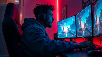 A boy playing computer games across three screens