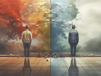 Within the divided image, a figure finds themselves at the juncture between good and evil, with one side representing virtue and the other personifying malevolence