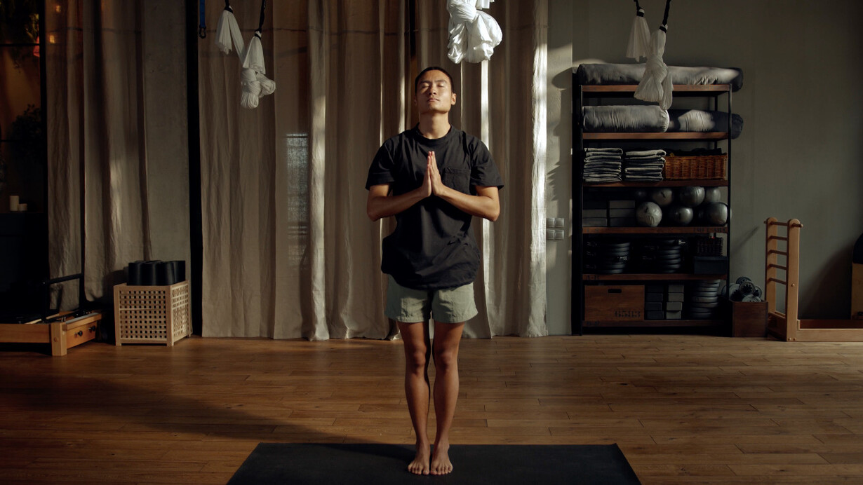 In mountain pose, or Samasthiti, he finds stillness and grounding, connecting with the earth beneath him and the peace within