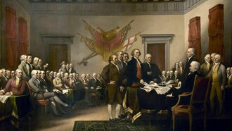 Independencia, óleo de John Trumbull. Ubicada en la rotonda del Capitolio de EE. UU., esta obra representa el momento histórico de la presentación del documento fundacional ante el Congreso Continental en 1776