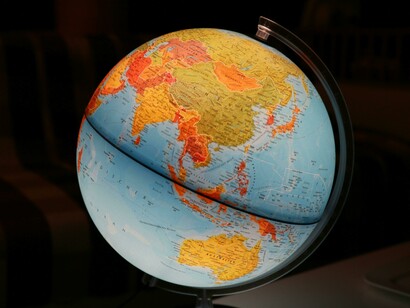 Globe on a desk, showing Asia and Oceania