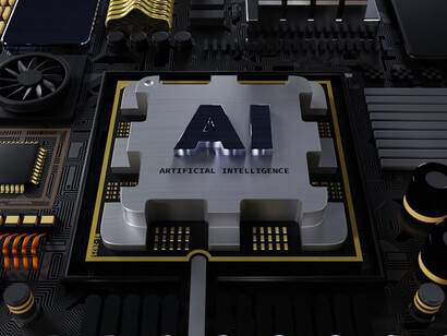 A computer processor with "AI" on top, symbolizing memory formation, AI, and quantum computing advancements