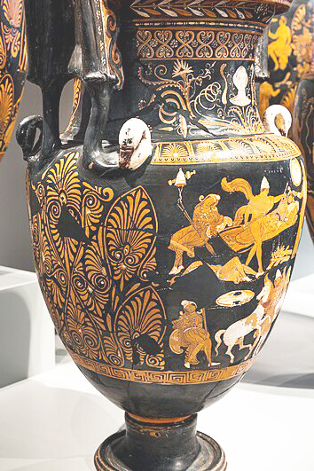Exquisite artistry of the Darius Painter's RVAp 18-17a masterpiece: 'Rhesos- Dionysos and Pan with maenads and satyrs,' housed at Berlin AS 1984-39