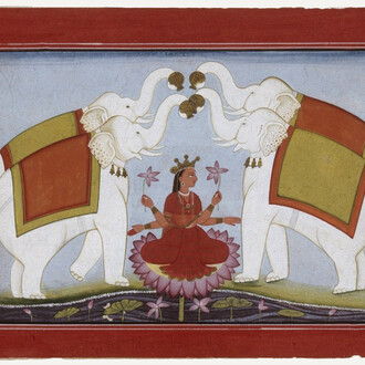 Indian
Punjab Hills, Pahari
Four Elephants Pouring Water on Lakshmi
1790–1800
Gouache on paper
5 ¾ x 8 ½ in. (14.6 x 21.6 cm)
Sidney and Lois Eskenazi Museum of Art, Gift of George Bickford in honor of Herman B Wells