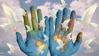 A white dove rests gently above a pair of open hands holding a world map, symbolizing global peace and harmony