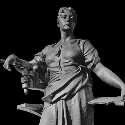 "Die Arbeit" (1896) von Ludwig Manzel. Während der Bombardierung Berlins im Zweiten Weltkrieg verschwand die über sechs Meter hohe Statue aus Kupfer im Lichthof des Warenhauses AWAG (früher Wertheim)