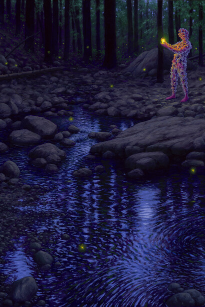 Adrian Cox, Catching Fireflies, 2022, oil on paper mounted to panel, 16x12 inches. Courtesy the artist and Corey Helford, Los Angeles