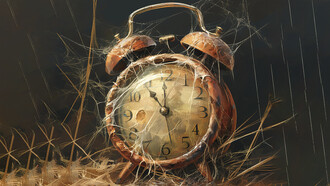 A digital painting of an old clock transforming into a melting form, in the surrealist style of Salvador Dalí