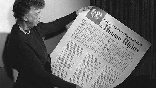 Eleanor Roosevelt holding poster of the Universal Declaration of Human Rights, Lake Success, New York. November 1949