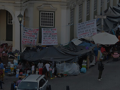 Refugee protesters occupy the area outside the Old Townhouse adjacent to the Central Methodist Church, where they maintain both indoor and outdoor demonstrations, South Africa