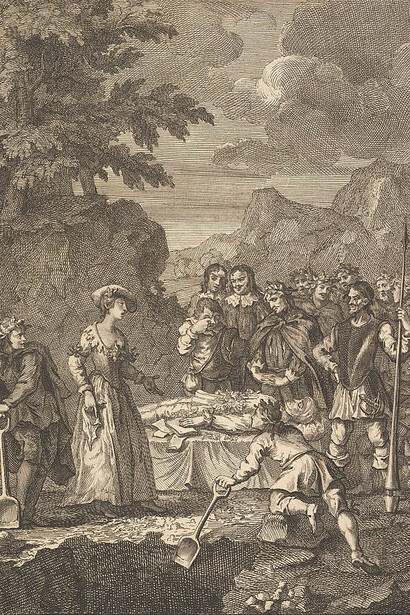 William Hogarth, El funeral de Grisóstomo y Marcela reivindicándose a sí mismo (Seis ilustraciones para Don Quijote)