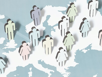 op-down view of paper-style community illustrations depicting people across various countries on a map of the European Union
