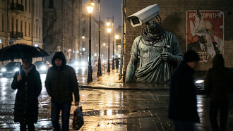 A classical bust, its human head replaced by a cold surveillance camera, stands in a rain-slicked city. The image serves as a stark metaphor for "civic death" and the replacement of democratic diplomacy with technological control