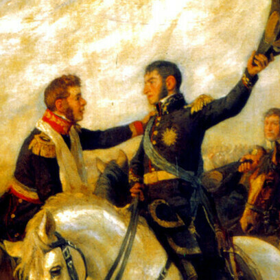 Pedro Subercaseaux, „Abrazo de Maipú“ (Bildfragment), das die Figuren von José de San Martín und Bernardo O'Higgins hervorhebt