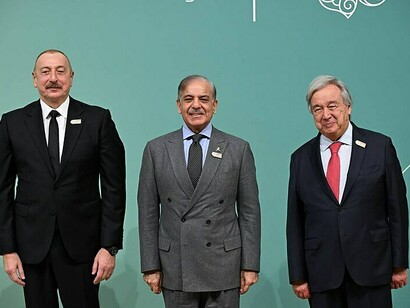 Shehbaz Sharif with Ilham Aliyev, the President of Azerbaijan and António Guterres, Secretary-General of the United Nations
