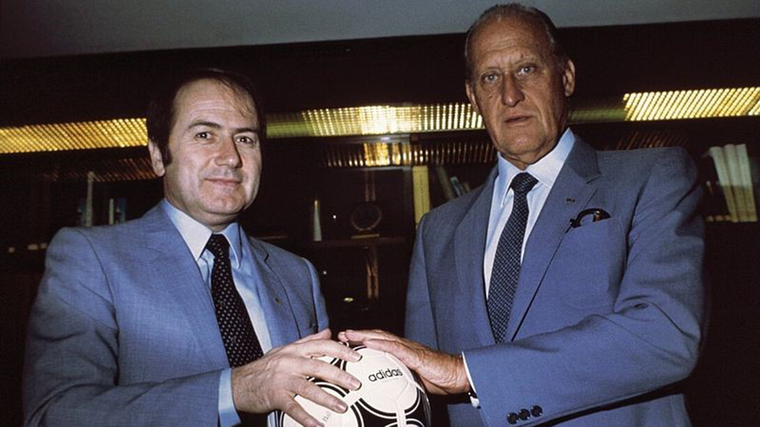 Joseph "Sepp" Blatter, General Secretary of FIFA, and João Havelange, President of FIFA, holding the Adidas Tango Spain, 1982