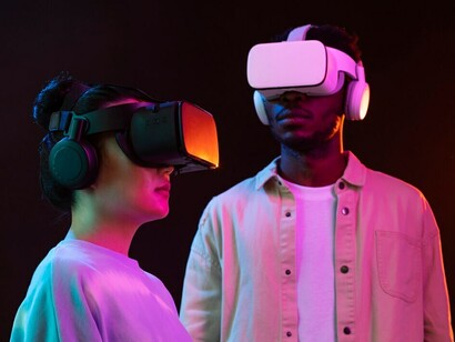 Two young individuals engaging with virtual reality, each wearing a set of VR glasses