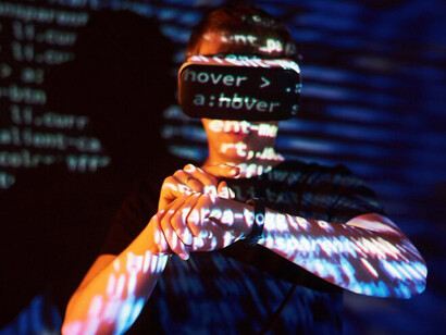 The intersection of language learning and technology with a double exposure of a man wearing a VR headset, set against lines of code, showcasing human vs AI translation