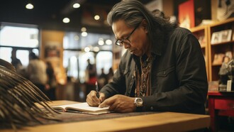 A man writing among blurred crowds, symbolising passion that survives regardless of public attention