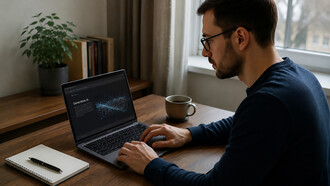 A writer immersed in the creative process collaborates with generative AI in a quiet home workspace, reflecting the evolving relationship between human thought and machine-assisted authorship