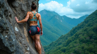 A woman taking a brief rest on a rocky mountainside, reflecting the balance between effort and self-compassion