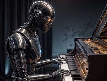Un robot che suona il piano. Quest'immagine è stata creata dall'intelligenza artificiale