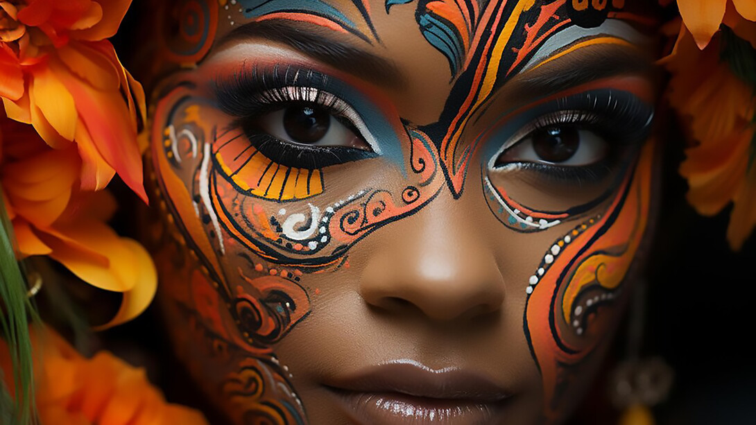 African beautiful young woman looks at the camera gracefully with colors on her face