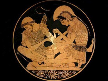 Achille e Patroclo in Achille benda Patroclo pittura rossa su argilla nera