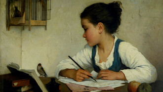 Henriette Browne, Una niña escribiendo; el jilguero mascota (c. 1870)