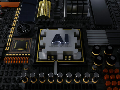 The illustration showcases a computer chip marked with "AI," symbolizing AI regulation and codes of practice, alongside concepts of AI governance