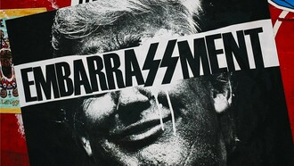 A portrait of Trump beneath the word “embarrassment,” representing the growing disgrace surrounding his leadership
