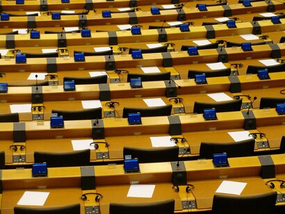 Closer view of the legislator's desks at the European Parliament, Strasbourg, France