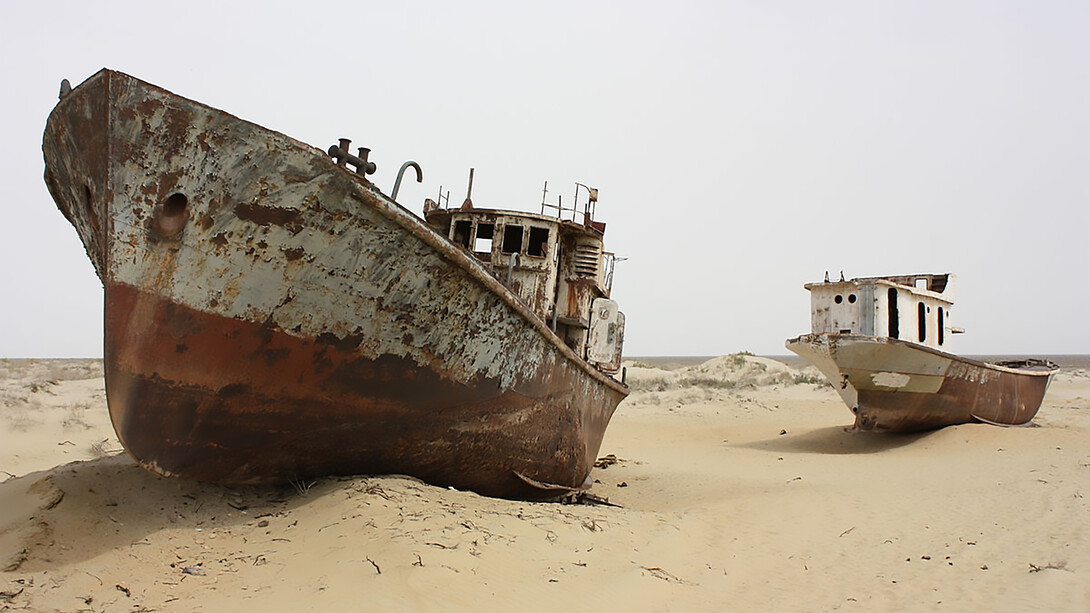 Derelict ships at the Moynaq ship graveyard, on what was once the bed of the Aral Sea