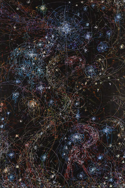 Kysa Johnson, Blow up 414 - the long goodbye - Crude (birth) - subatomic decay patterns and the creation of hydrocarbons in the Cone nebula, 2020. Courtesy of Anglim/Trimble Gallery