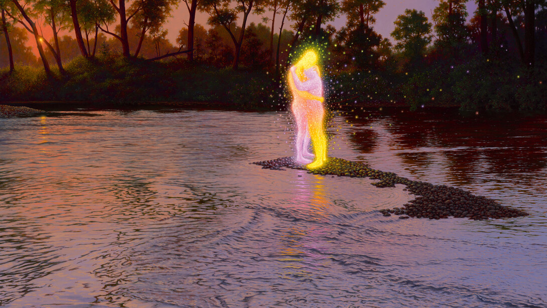 Adrian Cox, The Lost Spectral Witnesses XX (Island), 2022, oil on panel, 36x48 inches. Courtesy the artist and Corey Helford, Los Angeles