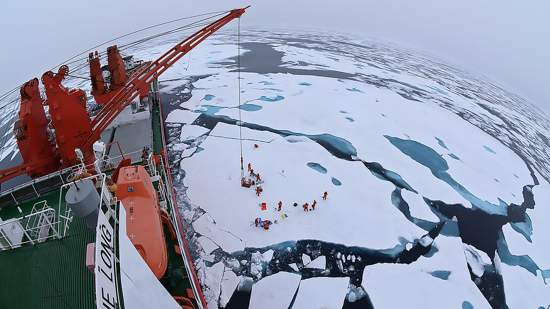 Drift ice camp in the middle of the Arctic Ocean as seen from the deck of icebreaker Xue Long