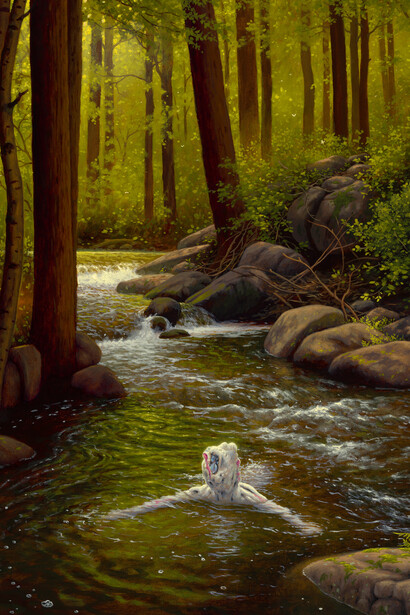 Adrian Cox, Healer's Swim, 2022, oil on panel, 16x12 inches. Courtesy the artist and Corey Helford, Los Angeles