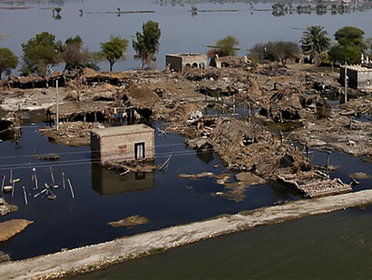 Damages in the flood-affected areas in the Sindh province in Pakistan