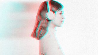 A woman with headphones, enhanced with an anaglyph effect for a 3D visual experience