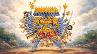 Ravana, the demon-king of Lanka (Sri Lanka), depicted in a watercolor painting by an unknown Indian artist, circa 1920