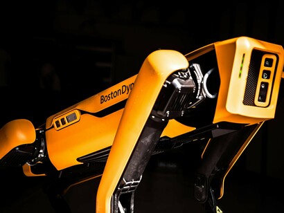 A detailed side profile of the Boston Dynamics Spot robot, highlighting advanced AI-driven robotics and the progress of intelligent technology