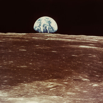Nasa, Apollo 11, Mike Collins, "Earth rise over Moon (Smyth's Sea)", July 20, 1969, c-print on matte kodak paper, 19,2 (20,2) x 24,3 (25,4) cm, Courtesy: Daniel Blau Munich/London © Nasa © Mike Collins