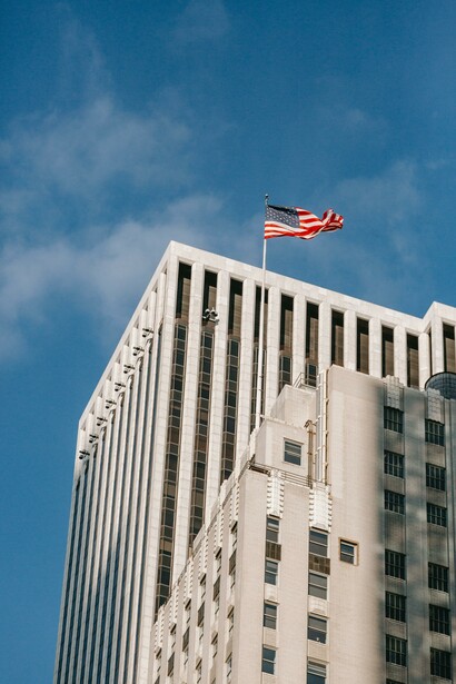 Skyscraper in America with the American flag on top
