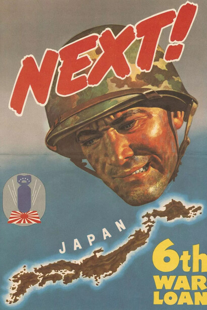 This propaganda poster was created to raise money and support for the US war effort and depicts the Japanese Home Islands with a bomb falling on the flag of the Imperial Japanese Army, US Treasury Department. Courtesy of the Chicago History Museum