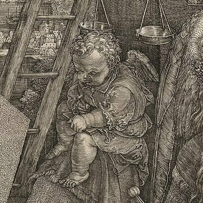 Albrecht Dürer, Melancolia I, 1514, dettaglio "del il Vangelo nella mole di pietra" su cui sta seduto il bambino