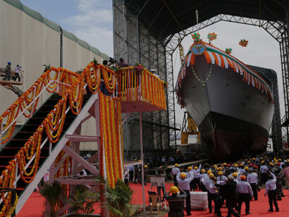 Defence Minister Rajnath Singh presides over the launch of Yard 12651, INS Nilgiri, at Mumbai, celebrating the progress in India's self-reliant defense sector, India