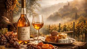 Bathed in golden light, a glass of Tokaji Aszú rests among honeycomb, blue cheese, and autumn fruit—an homage to Hungary’s legendary sweet wine, shaped by noble rot, misty vineyards, and centuries of patience